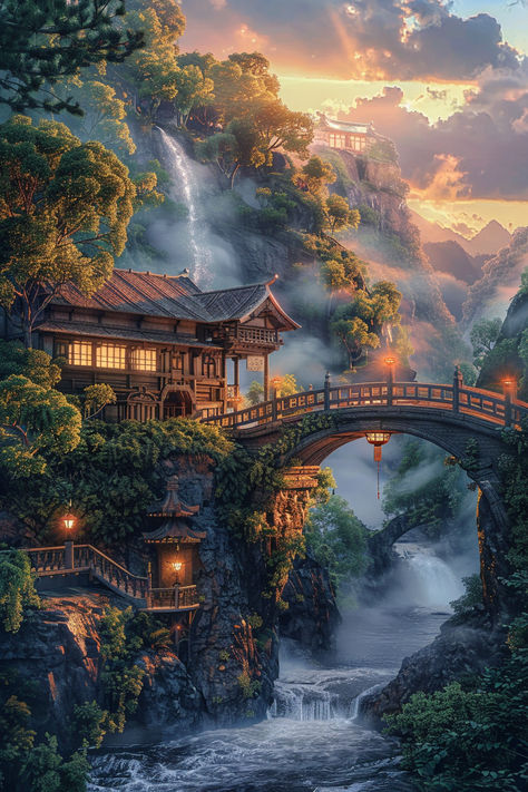 This breathtaking scene features a delicate bridge over a river, bathed in the ethereal light of the night. 🌟 Discover this captivating realm where fantasy and nature come alive in every detail. Perfect for lovers of magical realism, lush landscapes, and dreamlike artistry. 🏞️🌸#FantasyArt #MagicalRealism #AnimeArt #Nightscape #FantasyLandscape #DreamyArt #MagicalNight #EnchantedForest #FantasyWorld #LanternLight #WhimsicalScenes Fantasy Landscape Art Magic, Fantasy Landscape Art, Fantasy Artwork Landscape, Enchanted River, Ethereal Light, Magical Realism, Fantasy Places, Dreamy Art, Landscape Ideas