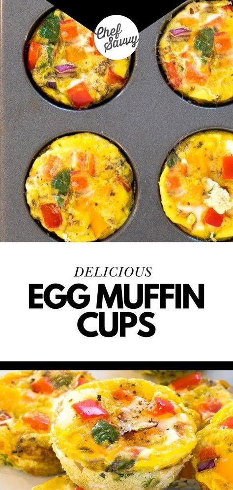 Save this Gluten Free and Healthy Egg Muffin Cups Recipe! These Egg Muffin Cups are a great way to meal-prep a healthy breakfast or snack and keep it stocked in your freezer any time you need it! These veggie egg muffin cups are loaded with bell peppers, onions, spinach and spices. Follow Chef Savvy for more Easy Meal Prep recipes! Easy Egg Cups Breakfast Muffins, Healthy Egg Muffin Cups, Veggie Egg Muffins, Breakfast Cups Recipe, Muffin Cups Recipes, Egg Muffins Healthy, Egg Cups Recipe, Egg Muffin Cups, Chef Savvy