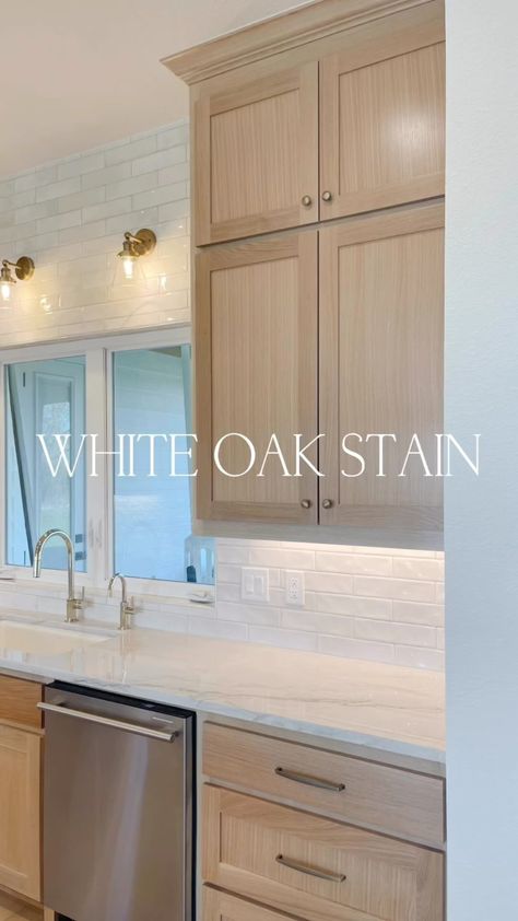 Tan Brushed Oak Cabinets, Bisque Cabinets Kitchens, Kitchen Backsplash Ideas White Oak Cabinets, French Oak Cabinets, White Wash White Oak Cabinets, Washed Oak Kitchen Cabinets, White Kitchen Cabinets Makeover, Stained Kitchen Cabinets Before After, Flooring With White Oak Cabinets