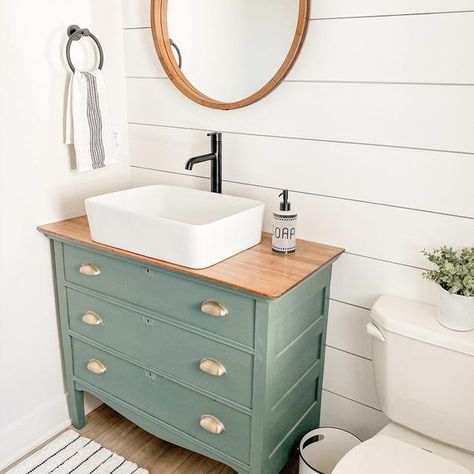 10 DIY Bathroom Vanity Ideas | The Family Handyman Diy Bathroom Vanity Ideas, Upcycled Bathroom Vanity, Reclaimed Wood Bathroom Vanity, Dresser Vanity Bathroom, Bathroom Vanity Ideas, Painted Vanity Bathroom, Painting Bathroom Cabinets, Bathroom Vanity Decor, Vanity Makeover