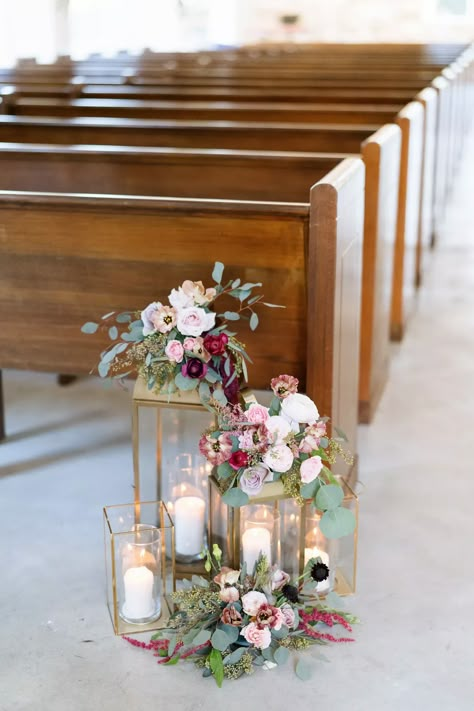 Lanterns And Candles Wedding Aisle, Decor Down The Aisle, Lantern Wedding Aisle Walkways, Wedding Aisleway Decor, Floral Lanterns Wedding, Lanterns For Wedding Aisle, Chapel Flowers Wedding Aisle Decorations, How To Decorate Isle For Wedding, Decorating Aisle For Wedding