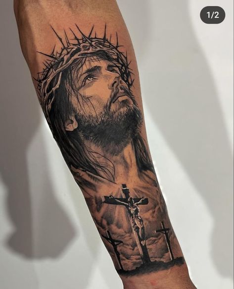 Jesus Tattoo On Arm, Jesus Forearm Tattoo, Tattoo Brazo Mujer, Realistic Tattoo Ideas, Jesus Tattoo Sleeve, Tato Realis, Religous Tattoo, Christus Tattoo, Mother Mary Tattoos