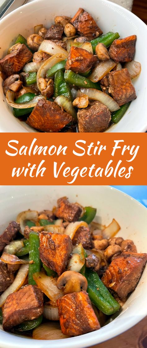 Salmon Stir Fry with Veggies is an easy way to whip up some salmon - marinated cubed salmon stir fried with onions, peppers, and mushrooms! #ohsnapletseat #salmonerecipe #salmonstirfry Salmon Peppers And Onions, Salmon Cubes Recipe, Salmon Stir Fry Recipes, Cubed Salmon, Salmon Cubes, Stir Fry With Vegetables, Fried Salmon Recipes, Stovetop Recipes, Lunch Board