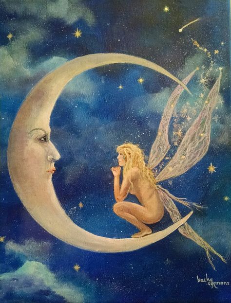 Fairy Moon. Original artist David Delemare. Easy Fairy Painting, Fairy Painting, Fairy Moon, Moon Fairy Drawing, Fairy Moon Drawing, Fairy On Moon, Moon Fairy Art, Old Fairy Paintings, Moon Fairy