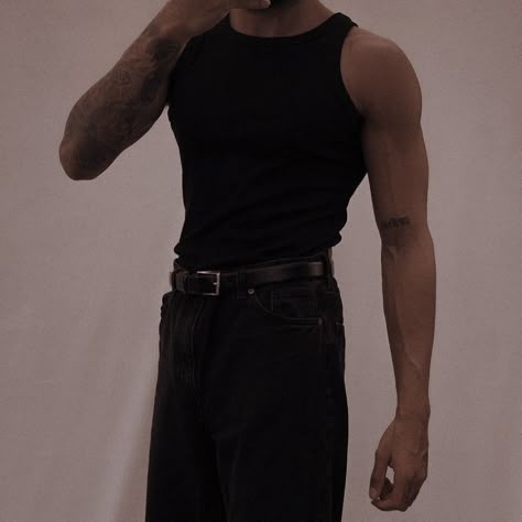 Small Waist Men Outfits, Black Tank Top Outfit Men, Black Tank Top Outfit Aesthetic, Drummer Aesthetic Male, Cargo Pants For Work, Undershirt Outfit, Black Tank Tops Outfit, Black Tank Top Men, Men Outfits Aesthetic