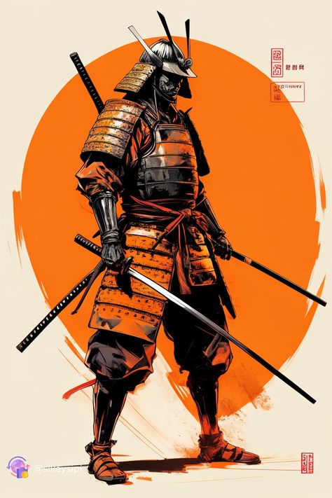 Graphic Samurai*: Graphic design meets historical narrative in this electrifying depiction of a samurai warrior. Its strong visual impact is ideal for a board dedicated to graphic art and samurai culture. #GraphicDesign #SamuraiCulture #VisualImpact Samurai Comic Art, Samurai Illustration Art, Samurai Graphic Design, Masculine Design Graphic, Samurai Warrior Drawing, Samurai Armor Art, Samurai Armor Design, Japan Samurai Art, Samurai Concept Art