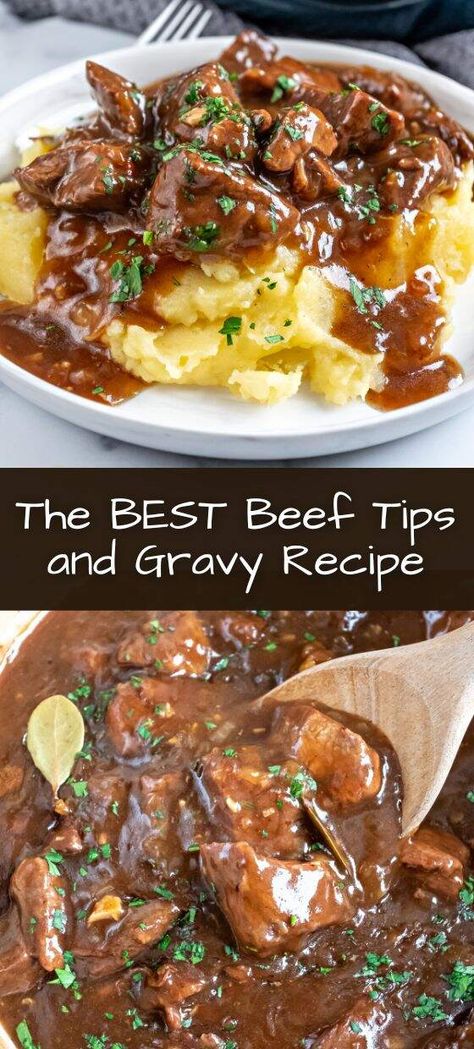 You are going to love this beef tips and gravy recipe. It’s so easy to make, yet tastes heavenly Best Beef Tips And Gravy, Crockpot Recipes Beef Tips, Best Beef Tips, Bottom Round Steak Recipes, Beef Round Steak Recipes, Beef Tips And Gravy Recipe, Top Round Steak Recipes, Chuck Steak Recipes, Stewing Beef