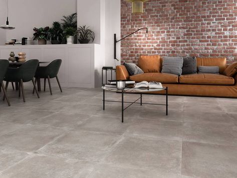 Cement-Look Tile for Different Styles Tiles Living Room, Tile Floor Living Room, Gray Porcelain Tile, Floor Living Room, Home Floors, Latest Interior Design Trends, Home Flooring, Living Room Tiles, Concrete Look Tile