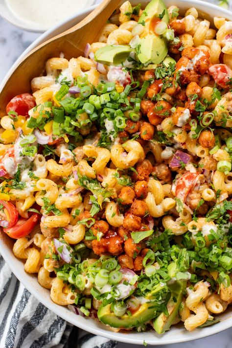 Buffalo Chickpeas, Chickpea Pasta Salad, Salad And Dressing, Pasta Veggies, Buffalo Chickpea, Ranch Pasta, Chickpea Pasta, Protein Powders, Savory Vegan