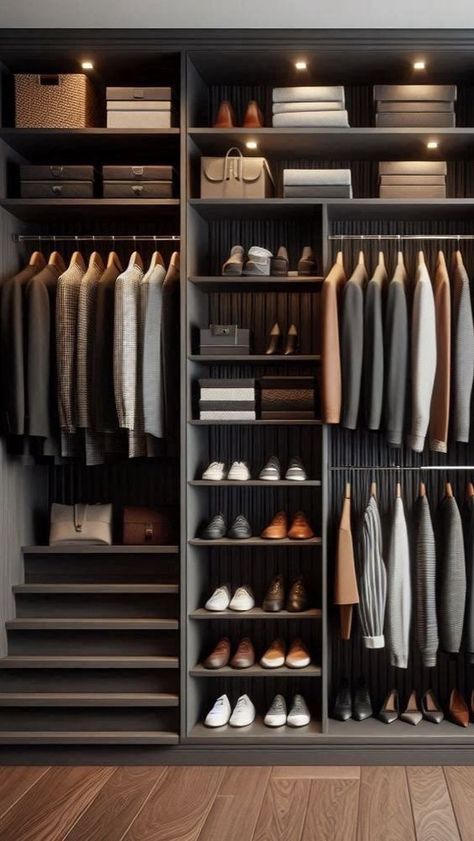 Mans Wardrobe Design, Guys Closet Ideas, Man Closet Ideas, Suit Closet Organization, Men Wardrobe Design, Mens Wardrobe Design, Men Walk In Closet, Men’s Closet Ideas, Men Closet Organization