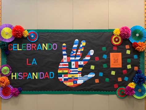 Colombia Bulletin Board Ideas, Dual Language Bulletin Board Ideas, Spanish Heritage Door Decorations, Spanish Club Poster Ideas, Spanish Bulletin Boards Back To School, Peru Bulletin Board, Spanish Heritage Month Decorations, Latinx Heritage Month Bulletin Board, Hispanic Heratige Month Bulletin Board