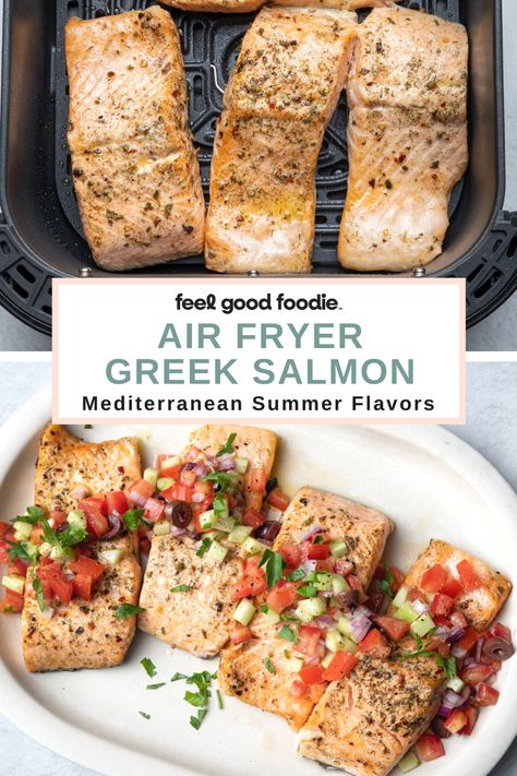 Mediterranean Air Fryer Salmon, Airfryer Mediterranean Recipes, Mediterranean Diet Recipes Air Fryer, Mediterranean Fish Recipes Healthy, Salmon Mediterranean Recipes, Air Fryer Seafood Recipes, Mediterranean Seafood Recipes, Air Fryer Mediterranean Recipes, Mediterranean Air Fryer Recipes