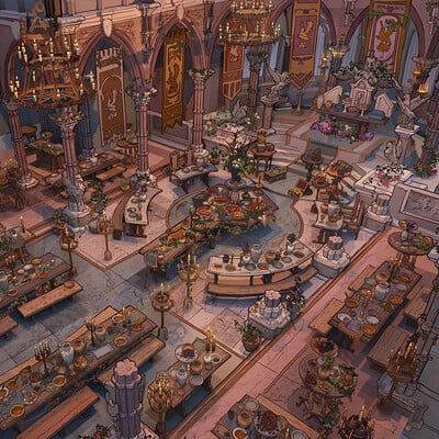 ArtStation - Natcha Ngamtweerat Fantasy Banquet Hall, Interior Concept Art, Medieval Banquet, Bg Design, Fantasy Rooms, Dnd Maps, Fantasy House, Fantasy City, Fantasy Castle