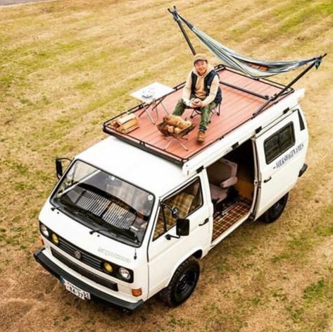 about Van Life Roof Deck, Campervan Roof Deck, Van Roof Deck, 1970s Camper, Van Cabinets, Van Life Ideas, Van Exterior, Kombi Food Truck, Kombi Trailer