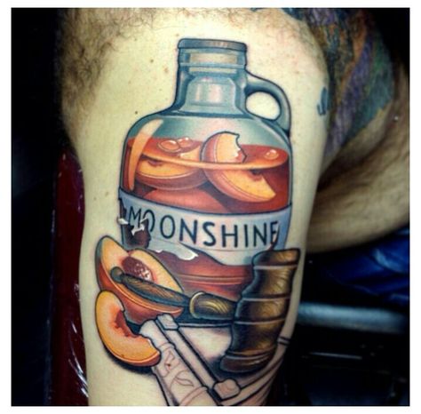 Moonshine Tattoo Moonshine Tattoo, Coolest Tattoo, Memory Tattoos, Inspiring Tattoos, Cowboy Tattoos, Tattooed People, Moonshine Still, Tattoo Pics, Bottle Tattoo