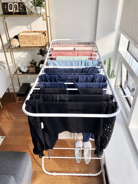 Dry Clothes Indoors, Line Drying Clothes, Hang Dry Clothes, Diy Clothes Drying Rack, Indoor Clothes Drying Rack, Hanging Clothes Drying Rack, Birthday Clothes Ideas, Indoor Drying, Birthday Clothes