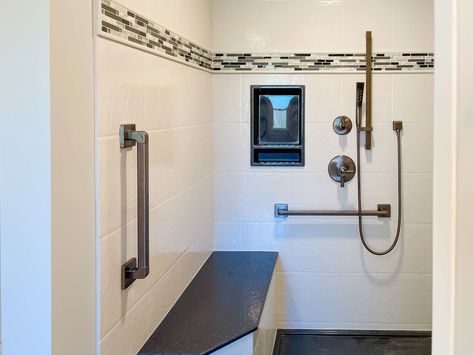 Shower Handrail Ideas, Tub Grab Bar Placement, Walk In Shower Grab Bar Placement, Shower With Grab Bars, Remove Bathtub, Shower Grab Bar, Master Bath Renovation, Grab Bars In Bathroom, Accessible Bathroom