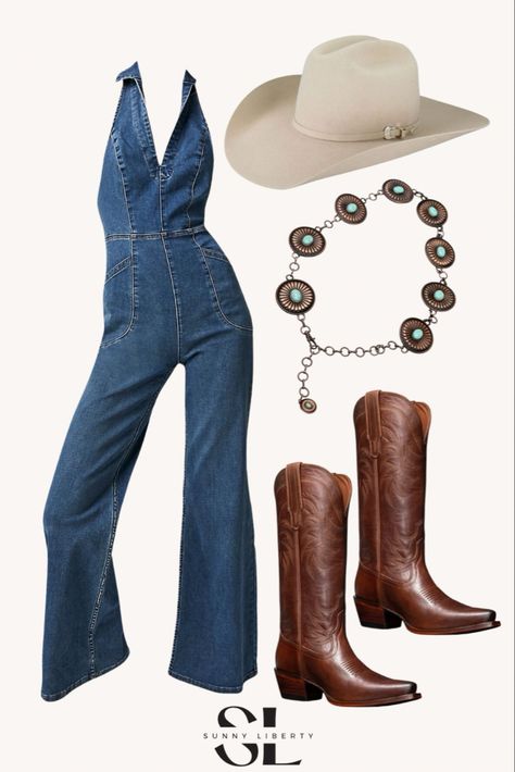 Denim Jumpsuit Cowboy Boots, Cowboy Denim Outfit, Western Trap Outfit, Jumpsuit Cowboy Boots, Country Jumpsuit Outfit, Denim Jumpsuit With Boots, Country Concert Outfit Megan Moroney, Cowgirl Jumpsuit Outfit, Cowgirl Boho Outfits