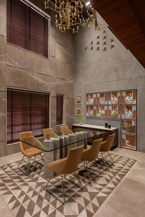 This Ahmedabad Bungalow Integrates Art into Design and the Results are Fashionably Functional Indian Residence Interior, Dining With Courtyard, Dinning Area Design Modern Wall, Living Area Tiles, Double Height Dining Room, Double Height Design, Modern Tropical House Interior, Dining Room Floor Plan, Drawing Stairs