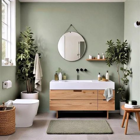 Light Green And Wood Bathroom, Green And Natural Wood Bathroom, Warm Bathroom Colors, Bathroom Earth Tones, Sage Bathroom Ideas, Pale Green Bathroom, Interior Design Restroom, Earth Tones Bathroom, Mint Green Bathrooms