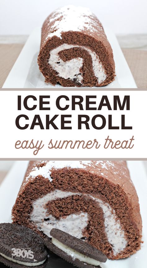 This Ice Cream Cake Roll is the best! If you like swiss roll cakes, you're going to go crazy for this sweet treat. It's a fast and easy way to get dessert on the table, fast. #icecreamdessert #swisscakeroll #easycakerecipe #3boysandadog Ice Cream Roll Cake, Chocolate Ice Cream Cake Roll, Cream Roll Cake, Ice Cream Cake Roll, Recipes Using Cake Mix, Easy Ice Cream Cake, Homemade Ice Cream Cake, Cream Roll, Roll Cakes