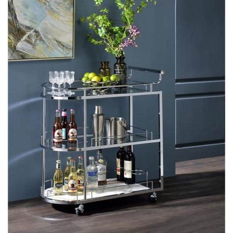 Silver Bar Cart, Modern Buffet Cabinet, Marble Kitchen Island, Bar Serving Cart, Glass Bar Cart, Serving Cart, Tempered Glass Shelves, Glass Bar, Acme Furniture