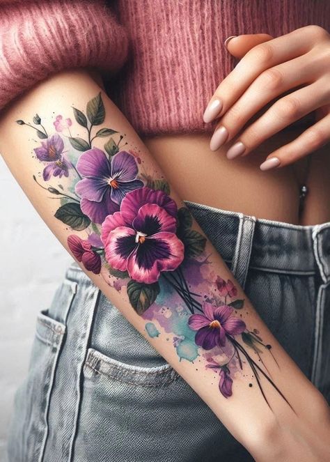 Purple Roses Tattoo Design, June Tattoo Ideas Symbols, Forearm Color Tattoo Women, Watercolor Flower Tattoo Design, Watercolor Wildflower Tattoo, Flower Forearm Tattoos For Women, Rose Floral Tattoo Design, Watercolor Forearm Tattoo, Memorial Flower Tattoo