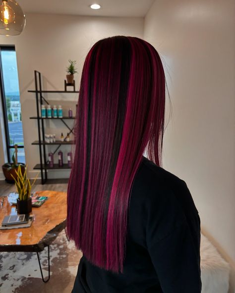 Pink🩷 using magenta by @pravana Midnight Magenta Hair Color, Black Hair Magenta Highlights, Color Hair Ideas 2024, Red Pink And Purple Hair, Black Hair With Magenta Highlights, Electric Pink Hair, Black Hair Pink Underneath, Magenta Hair Aesthetic, Magenta And Black Hair