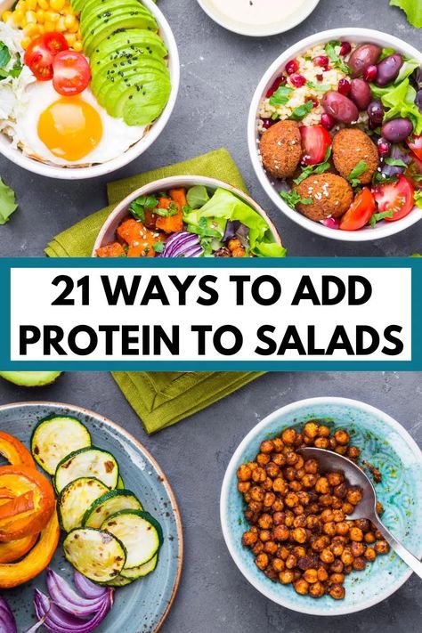 Make your salads a better balanced meal by prioritizing protein. Check out these 21 salad protein ideas, including convenient options! Protein Salad Vegetarian, Salad Protein, Balanced Salad, High Protein Salad, Protein Salad Recipes, Salad Mixes, High Protein Salads, Salad Jar Recipe, Clean Eating Salads