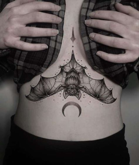 Black Hip Tattoo, Feminine Stomach Tattoos, Underboob Tattoo Designs, Belly Tattoos, Goth Tattoo, Underboob Tattoo, Bat Tattoo, Chest Tattoos For Women, Stomach Tattoos