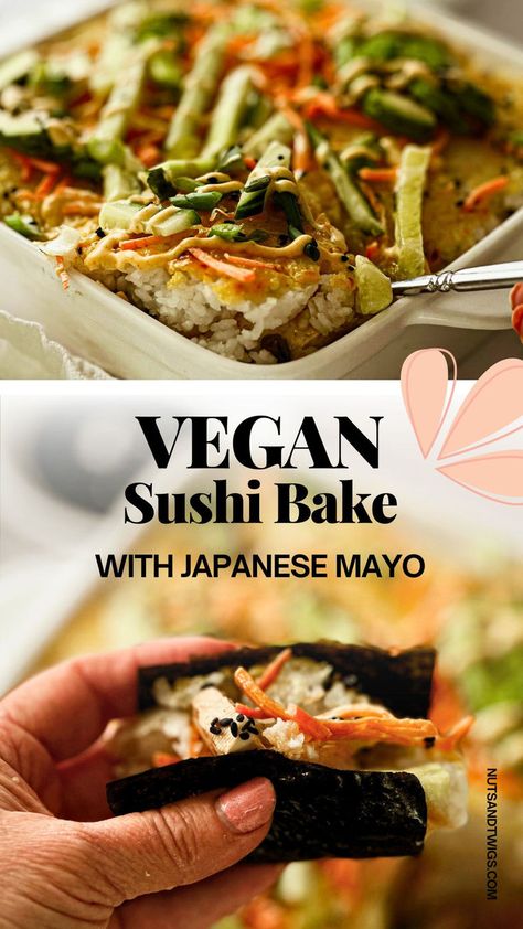 collage of two pictures of vegan sushi bake. one in a casserole the other in a nori sheet Work Lunch Ideas Vegan, Quick Gf Dinner, Vegan Sushi Bake Recipe, Tofu Sushi Recipes, Veggie Sushi Bake, Easy Vegan Asian Recipes, Vegetarian Sushi Bake, Vegan Make Ahead Meals, Easy Vegan Potluck Recipes