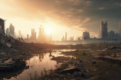 Post-apocalyptic landscape. City after the effects of global warming. Climate changes concept Apocalypse Landscape, Post Apocalyptic City, Landscape City, Apocalypse World, Post Apocalyptic Art, Pixel Art Games, Dark City, Desert Art, Viking Art