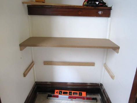 Diy Built In Shoe Shelves, Diy Shoe Shelf Entryway, Diy Shoe Shelf Wall, Diy Shoe Shelves On Wall, Shoe Shelves On Wall, Built In Shoe Shelves, Small Entry Decor, Hall Closet Ideas, Diy Wall Shelving