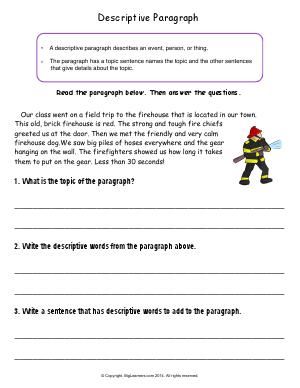 Worksheet | Descriptive Paragraph | Read the descriptive paragraph. Then answer the related questions. How To Write A Descriptive Paragraph, Descriptive Paragraph Examples, Descriptive Paragraph, Paragraph Writing Worksheets, Paragraph Worksheets, Descriptive Writing Activities, Teaching Syllables, Teaching 6th Grade, English Grammar Rules