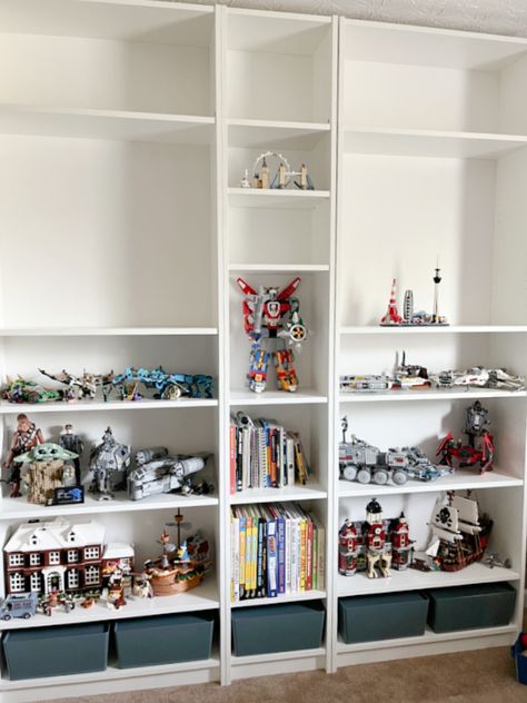 Lego Display Bookcase, Ikea Billy Lego Storage, Lego And Book Display, Lego Bedroom Display, Lego Ikea Display, Lego Build Storage, Billy Bookcase Lego Display, Lego Bookshelf Display, How To Display Legos