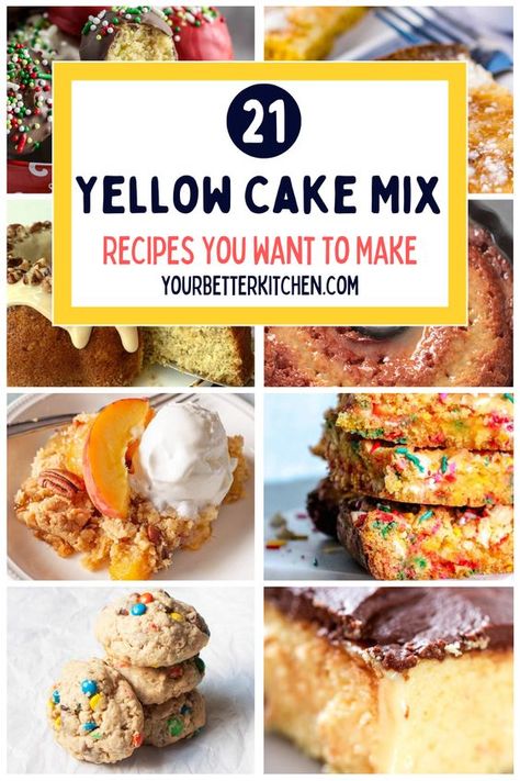 Save this list of the 21 best yellow cake mix recipes right now! You will love these yellow cake mix desserts, including cookies, the moistest cake bites, amazing cake mix blondies, luscious butter cake, heavenly bundt cake, silky spoon cake, and even more ideas. Yellow Cake Batter Recipes, Spice Cake Using Yellow Cake, Ideas For Box Cake Mixes, Cake Mix Ideas Yellow, Yellow Cake Recipes Ideas, Best Yellow Cake Mix Recipes, Easy Dessert With Yellow Cake, What To Do With Cake Mix Ideas, Things To Make With Yellow Cake Mix Boxes