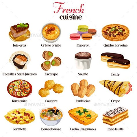 French Dishes Recipes, Kue Macaroon, Culinary Cooking, Food Vocabulary, Food Infographic, Foreign Food, Food Sketch, French Dishes, Food Drawings