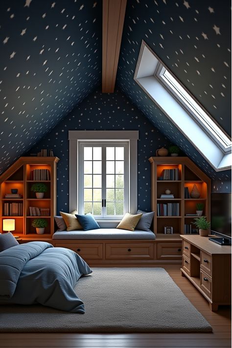 Attic bedroom with starry wallpaper, skylight, and cozy window seat Wall Paper Loft, Wallpaper Ceiling Attic, Wallpapered Sloped Ceiling, Slanted Ceiling Kids Bedroom, Kids Bedroom Sloped Ceiling, Attic Wallpaper Slanted Ceiling, Small Room With Slanted Ceiling, Attic Bedroom Wallpaper, Wallpaper Sloped Ceiling