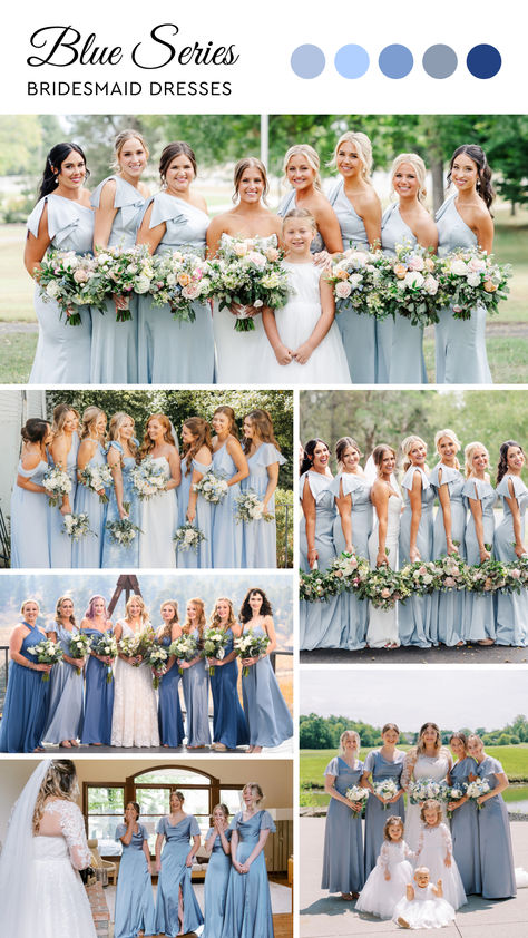 Discover stunning blue bridesmaid dresses for real weddings! From navy to soft sky hues, these styles add a touch of elegance to your bridal party. Perfect for any wedding theme! Misty Blue Bridesmaid Dresses, Duck Egg Blue Bridesmaid Dresses, Summer Bridesmaid Colors, Baby Blue Bridesmaids Dresses, Baby Blue Bridesmaid Dress, Bridesmaids Blue Dresses, Soft Blue Wedding Theme, Cornflower Blue Bridesmaid Dress, Wedding Colors With Blue