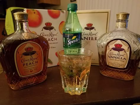 1/2 shot of Peach, 1/2 shot Vanilla, fill glass with sprite and a dash of cinnamon......BOOM...Crown Royal Peach Cobbler Alcoholic Drinks With Sprite, Crown Royal Peach Cobbler, Crown Royal Vanilla, Drinks With Sprite, Crown Drink, Crown Royal Recipes, Crown Royal Peach, Vanilla Drinks, Fruity Mixed Drinks