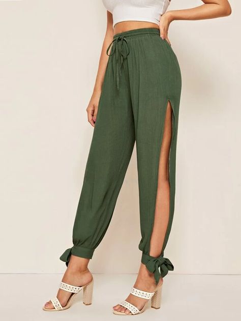 Drawstring Waist Split Thigh Side Knot Hem Pants | SHEIN USA Split Pants, Boho Color, Hem Pants, How To Hem Pants, Women Pants, Green Pattern, Waist Line, Colorful Boho, Pants Pattern