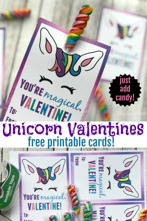 Unicorn Valentine Cards, Valentines Day Cards Diy, Kids Fun Activities, Rainbow Lollipops, Printable Valentines Day Cards, Diy Valentines Day, Unicorn Valentine, Free Printable Cards, Valentine's Day Printables