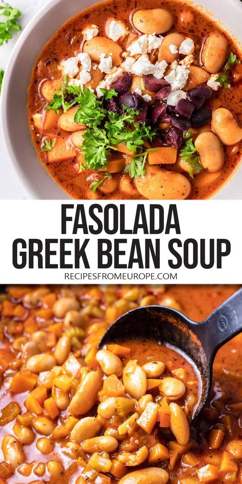 This delicious Fasolada - or Greek White Bean Soup - is so easy to make. Loaded with beans and veggies, it's a soup that warms the soul! Serbian White Bean Soup, Serbian Bean Soup Pasulj, Greek Bean Soup Fasolada, Greek Bean Recipes, Fasolia Recipe Greek, Greek Stew Recipes, Fasolada Soup Greece, Greek Bean Soup, Fasolatha Soup