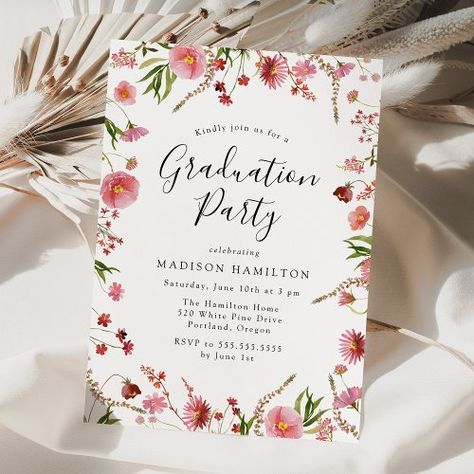 $2.77 | Elegant Pink Spring Floral Graduation Party #floral graduation party invitations, watercolor floral, pink flowers, wildflowers, elegant, graduate, botanical, high school graduation, college graduation, feminine Wildflower Graduation Party, Floral Graduation Party, Invitation Card Ideas, Graduation Templates, Graduation Invites, College Graduates, Graduation 2024, Graduation Party Invitation, Graduation Invitation