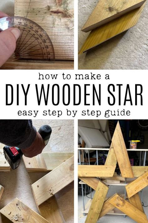 Learn exactly how to make a DIY wooden star in any size, for indoors or outdoors - with this step by step guide. When you know the angles involved, and the kit you need - it's easier than you think! Diy Wooden Stars Pattern, Diy Wooden Star, Christmas Wood Projects, Wood Projects Plans, Diy Shutters, Barn Wood Projects, Wood Art Projects, Wood Stars, Charging Stations