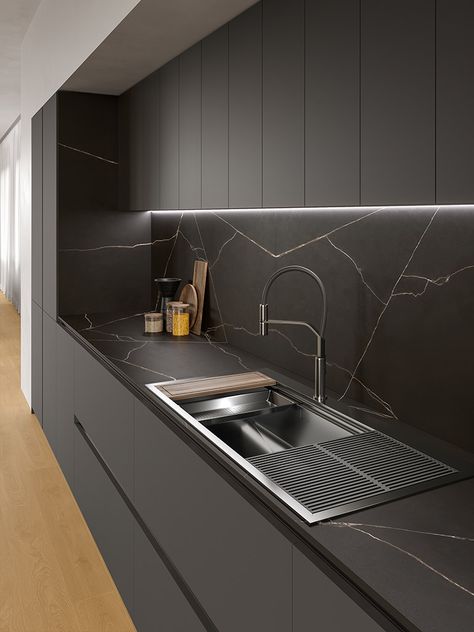 Black Kitchen Inspiration, Black Tiles Kitchen, Modern Grey Kitchen, Modern Black Kitchen, Серая Кухня, Kitchen Tiles Design, Modern Kitchen Cabinet Design, Modern Kitchen Interiors, Kitchen Design Plans