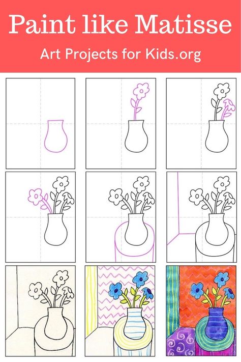 Learn how to draw and paint like Matisse with an easy step-by-step PDF tutorial.    #howtodraw #drawing #drawingtutorial #arttutorial #artprojectsforkids #howtodrawforkids #matisse Matisse Preschool Art, Matisse For Kids, Henri Matisse Kindergarten, Matisse Kids, Matisse Kindergarten Art, Van Gogh Coloring, Miro Artist, Artist Monet, Artist Van Gogh