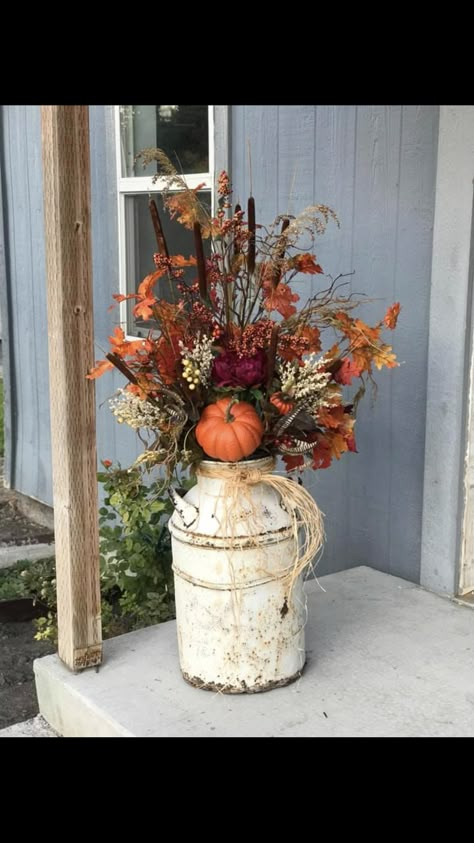 Fall Milk Jug Decor, Autumn Milk Can Decor, Fall Vase Arrangements Floral, Fall Front Porch Decor Fake Flowers, Fall Arrangements With Cattails, Fall Milk Can Decor Front Porch, Milk Can Fall Porch Decor, Fall Porch Flower Arrangements, Milk Can Fall Decor Outdoor