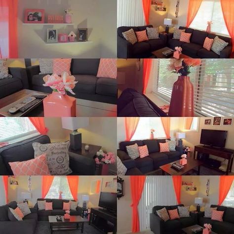 Coral curtains charcoal sofa couches coral vases pink flowers coral throw pillows our living room is complete white shelves coral picture frame Coral Vases, Brown Livingroom, Sofa Couches, Coral Curtains, Charcoal Curtains, Coral Throw Pillows, Charcoal Sofa, White Shelves, Blue Living Room