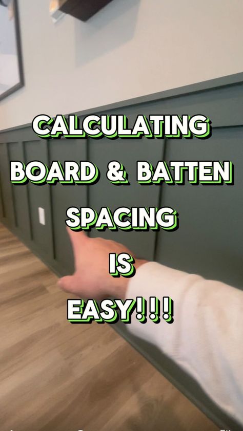 Easiest way to calculate board and batten spacing! #diy #homemakeover #boardandbatten #fyp #accentwall #kitchendesign #sherwinwilliams… | Instagram Board And Batten Wall Vs Shiplap, Board And Batten Wall Living Room Decor, Wood And Batten Wall, How To Do Waynes Coating Wainscoting, Height Of Board And Batten Wall, Broad And Batten Walls, Board And Batten Guest Room, Farmhouse Wainscoting Ideas Living Room, Small Hallway Accent Wall Ideas